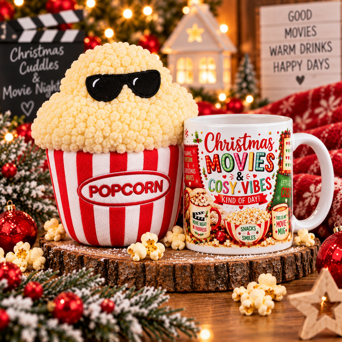 🎄 Christmas Movies & Cosy Vibes Mug & Popcorn Plush Gift Set 🍿☕