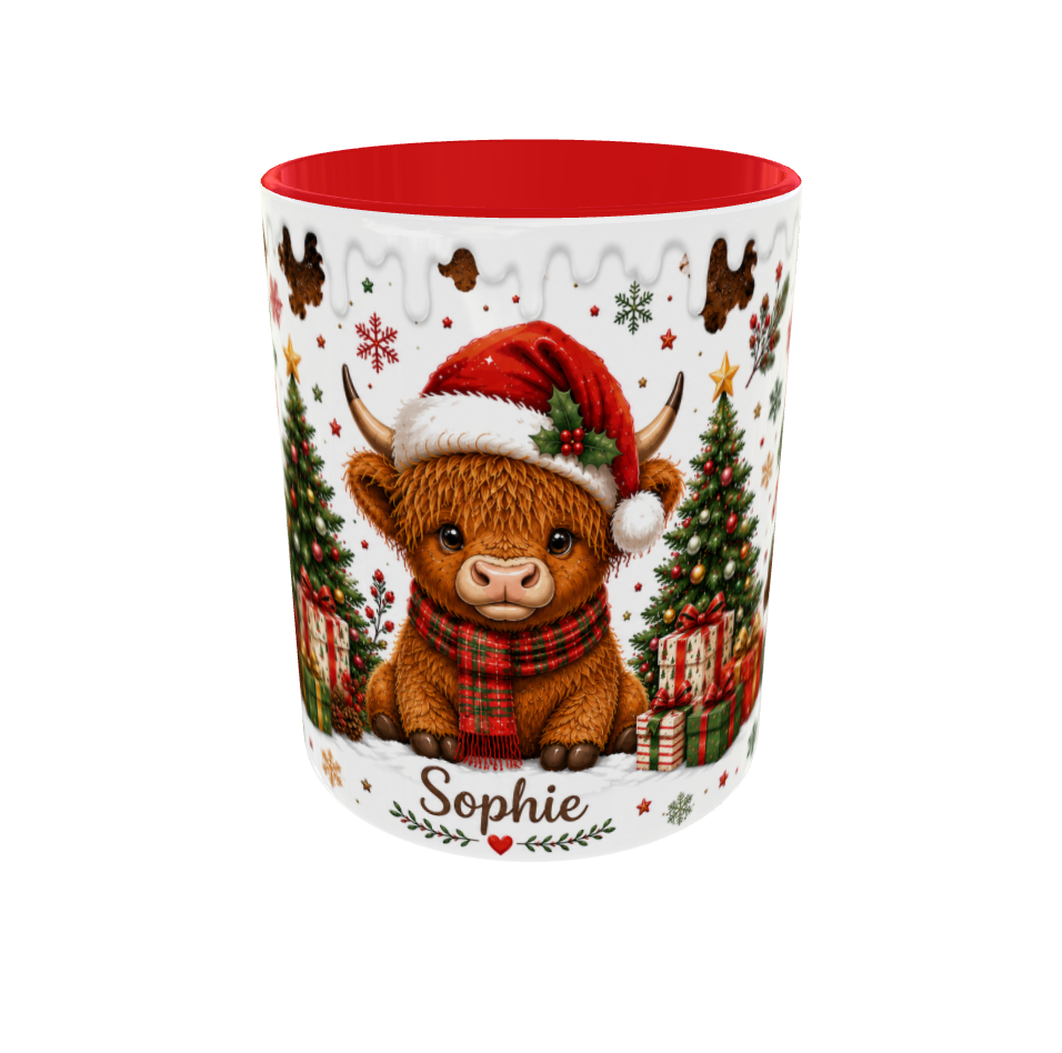 Personalised Christmas Highland Cow Mug - Just Add Name - Red
