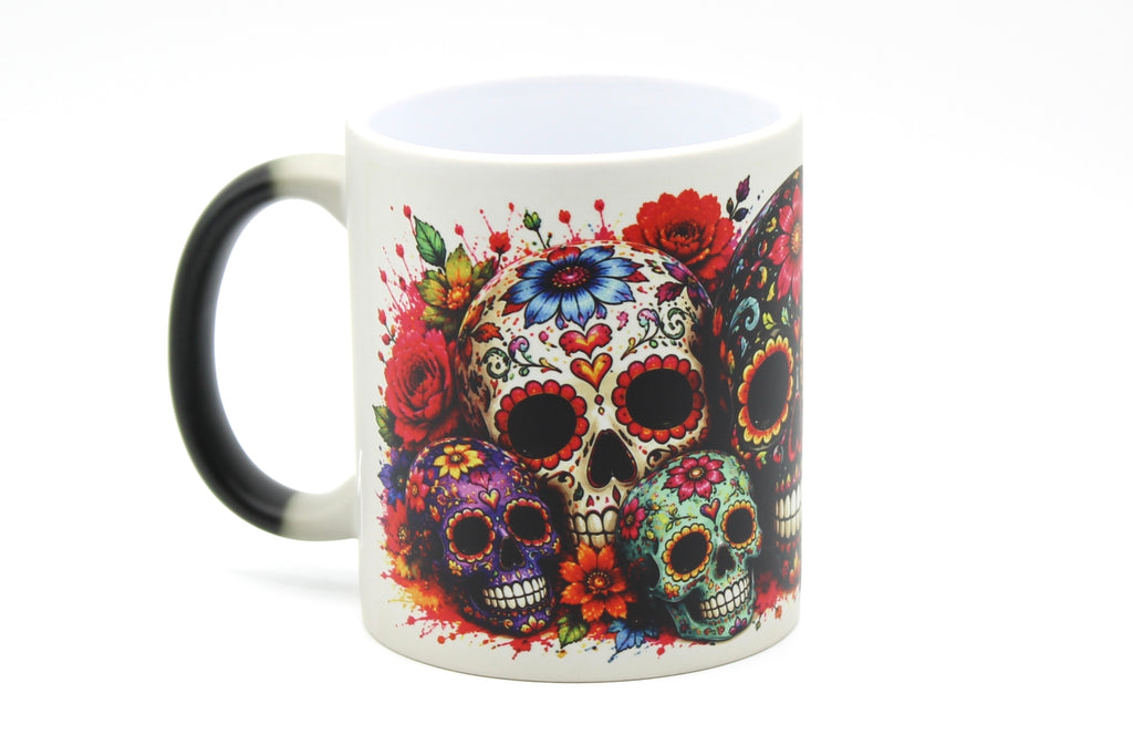 Heat Sensitive Colour Changing Sugar Skull Magic Mug | Day of the Dead Ceramic Coffee Cup | Black Mug Reveals Colourful Skull Design with Hot Drink | Halloween Gift | Novelty Mug