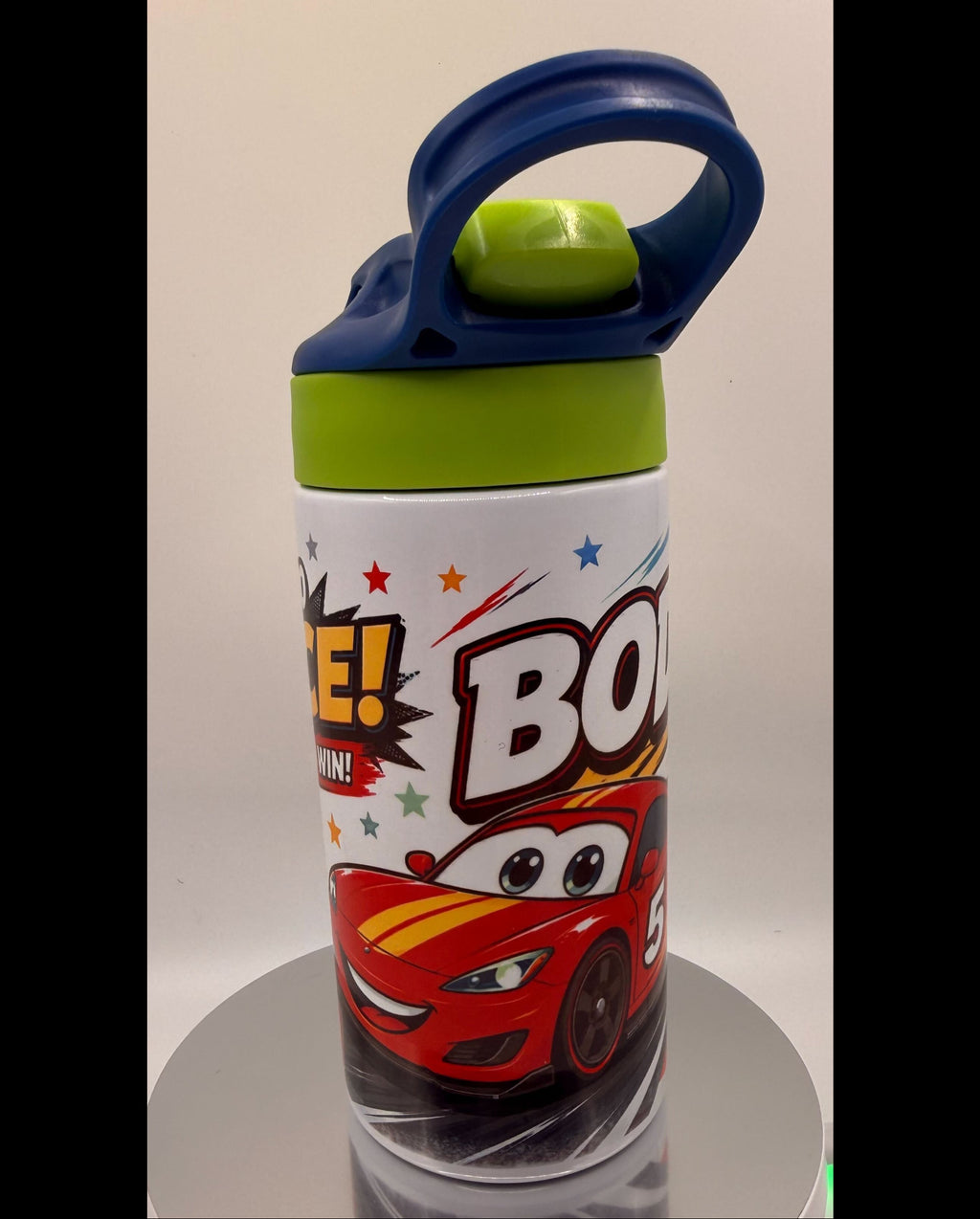 Children's water bottle with cartoon design on a white background