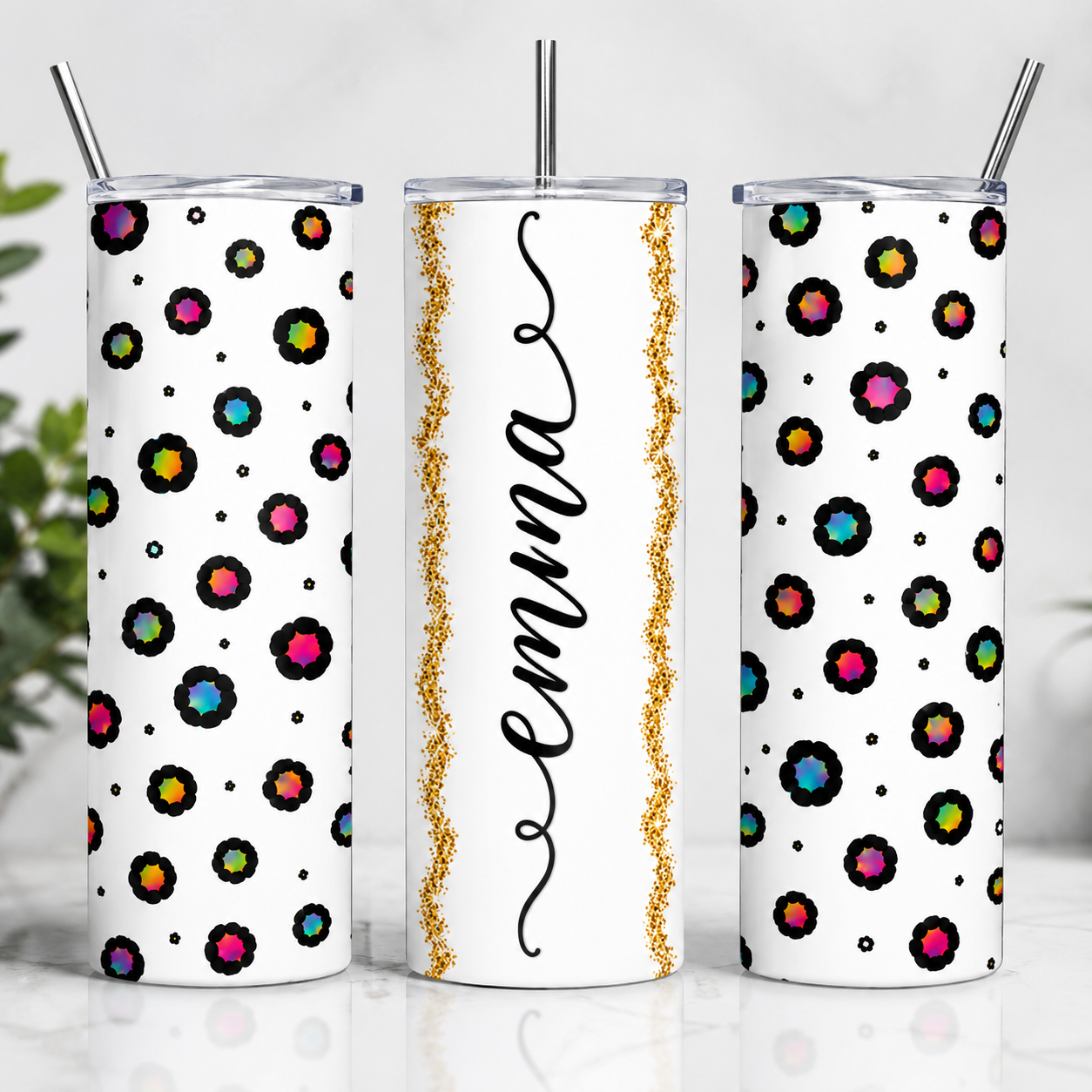Personalised Rainbow Leopard Print 20oz Skinny Tumbler