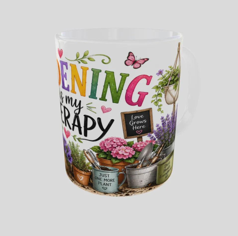 Gardening is my therapy white mug