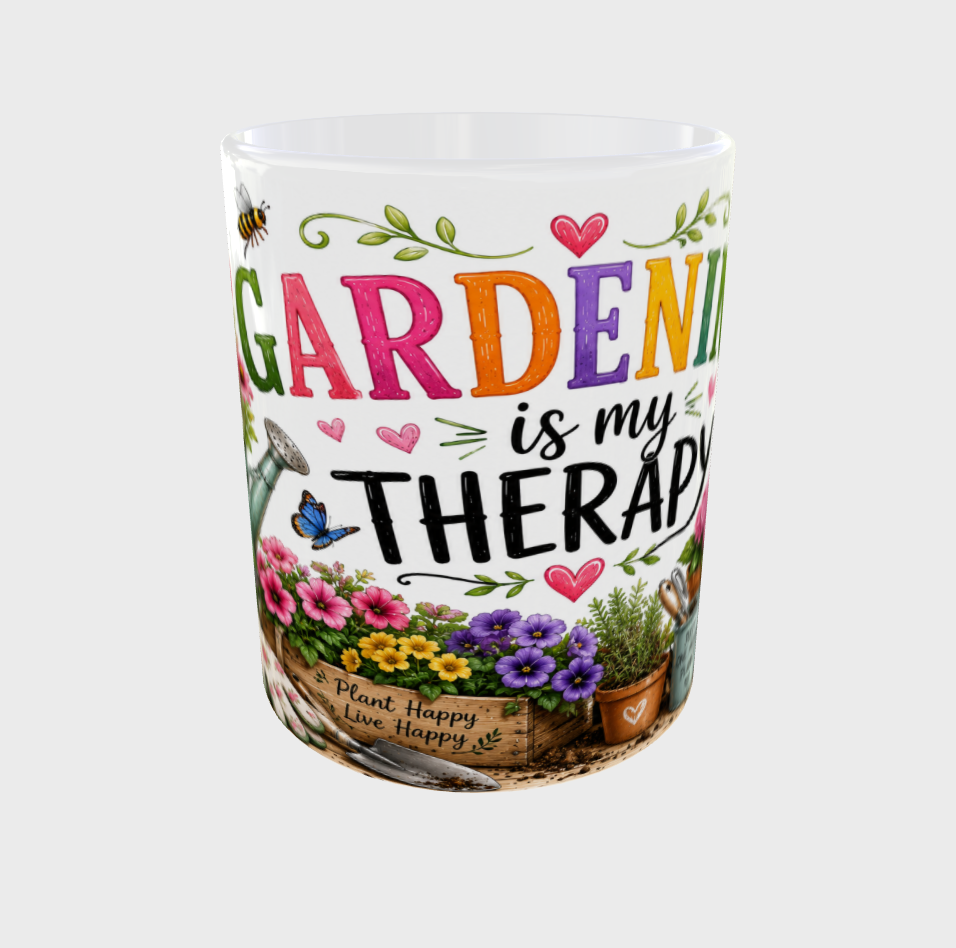 Gardening is my therapy white mug