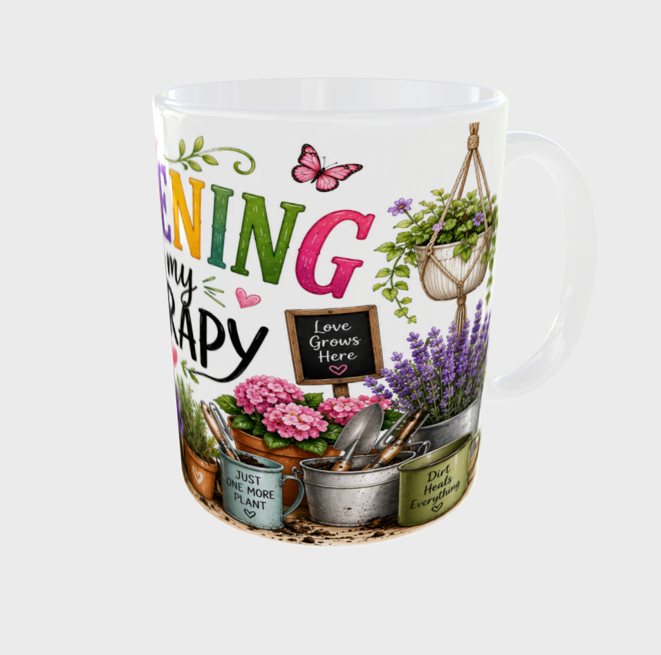Gardening is my therapy white mug