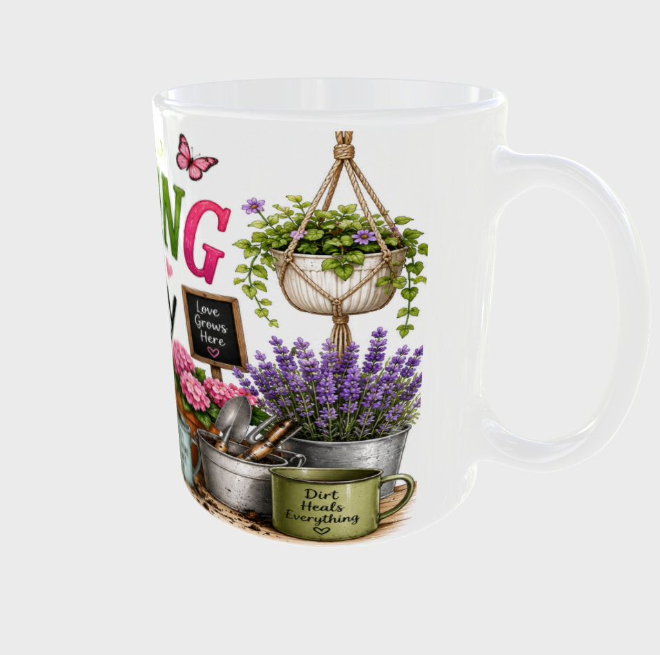Gardening is my therapy white mug