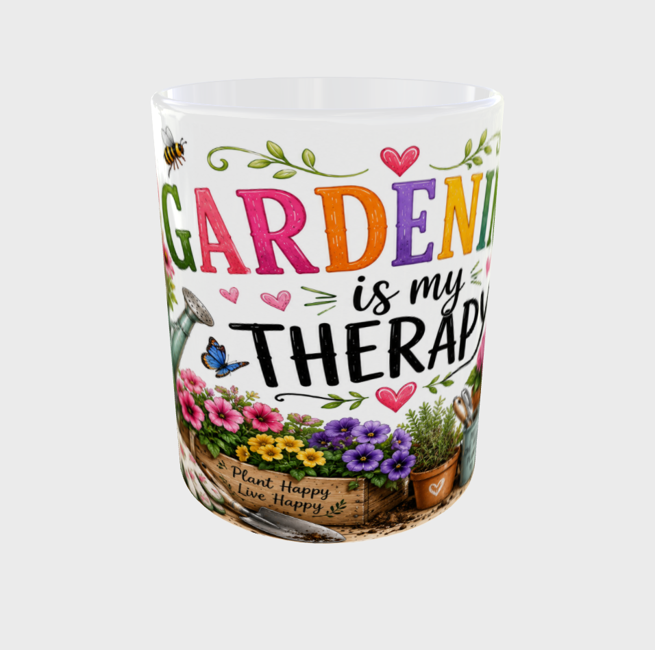 Gardening is my therapy white mug