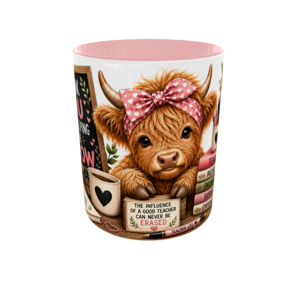Thank you for helping me grow - Highland Cow - Teacher Mug - Pink